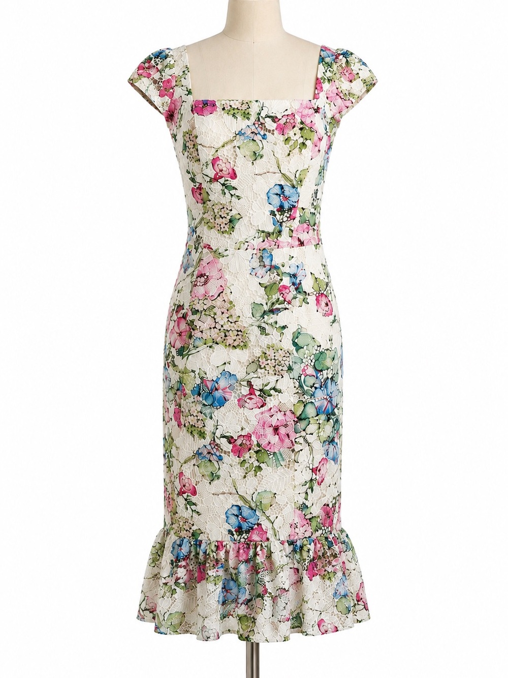 Kay Unger Floral Lace Midi Dress Ivory Pink Sheath Size 6 NWT